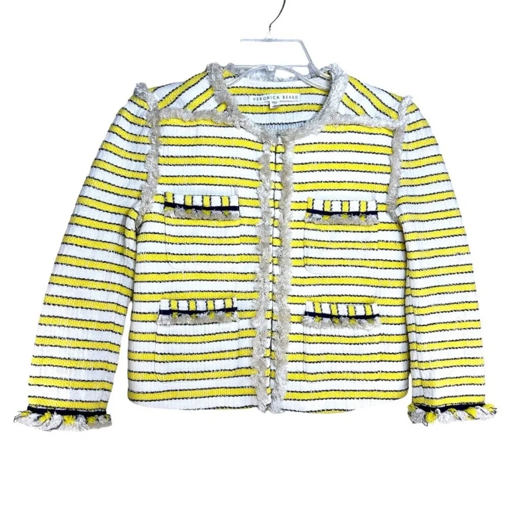 Veronica Beard Talie Tweed Blazer Yellow White Striped Frayed Trim Size 0 - Picture 4 of 12